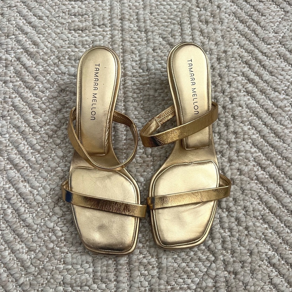 Tamara Mellon Gold Metallic Leather Square Toe Kitten Heel Sandals Mules Size 39